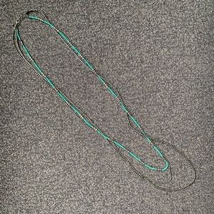 Long teal and silver beaded necklace